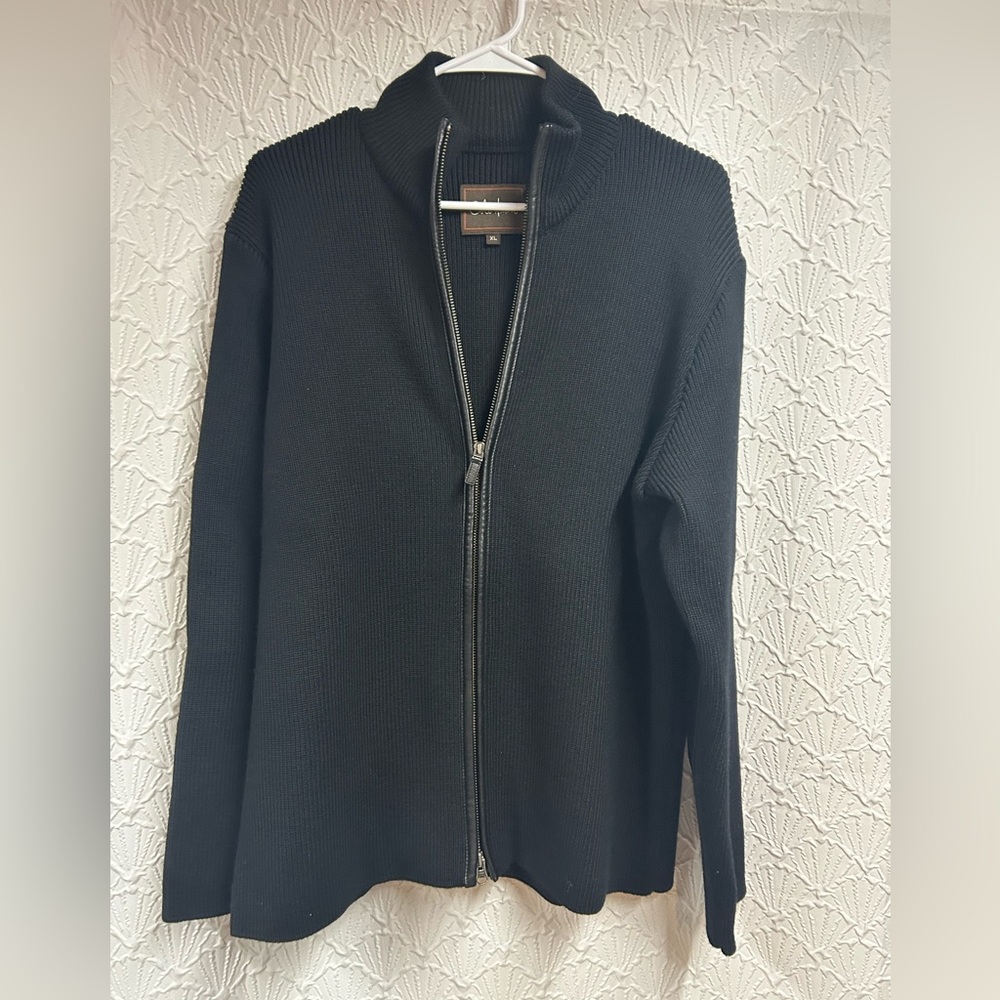 Cole Haan XL Black Merino Wool Sweater with Lambskin Accents